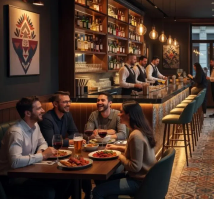 Evening bar and restaurant atmosphere at Red B.V. with guests enjoying drinks and conversation.
