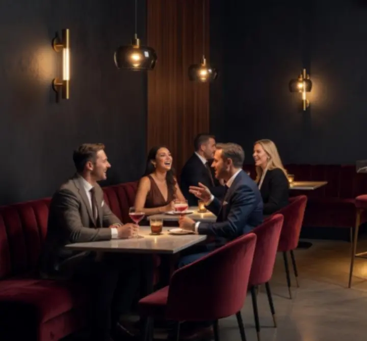 Dimly lit bar and restaurant in the evening with guests enjoying drinks and conversation
