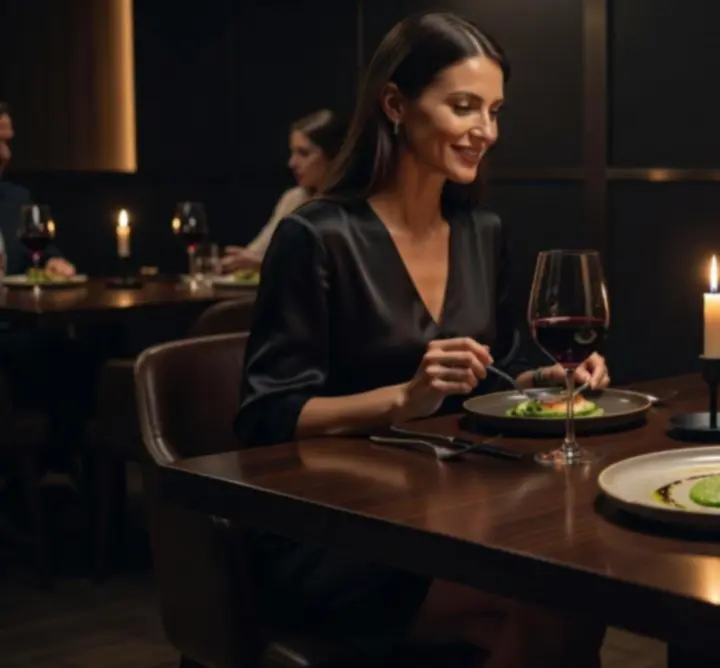 Gourmet dining dishes in a dark, atmospheric restaurant setting.
