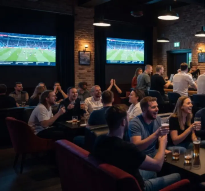 Fans celebrating a live match in a lively, modern sports bar