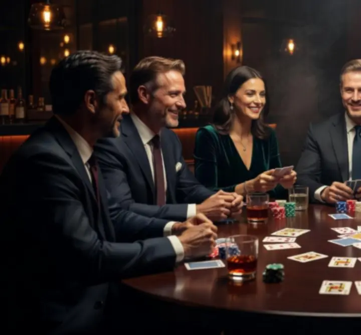 Poker chips and cards on a poker table during a lively night game