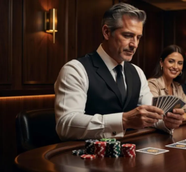 Premium poker room with professional dealers and moody lighting