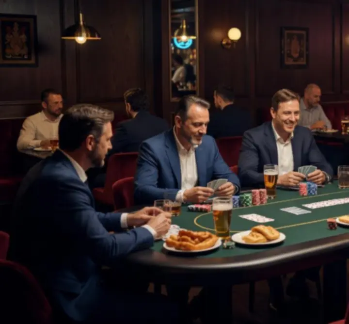 Players seated at Red B.V. poker tables in a moody, atmospheric setting