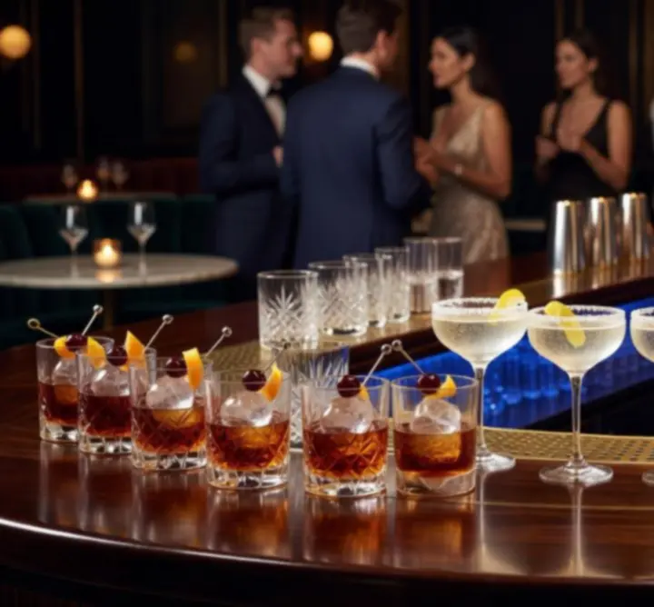 Signature cocktails lined up on the bar at Red B.V. Nightspot Lounge