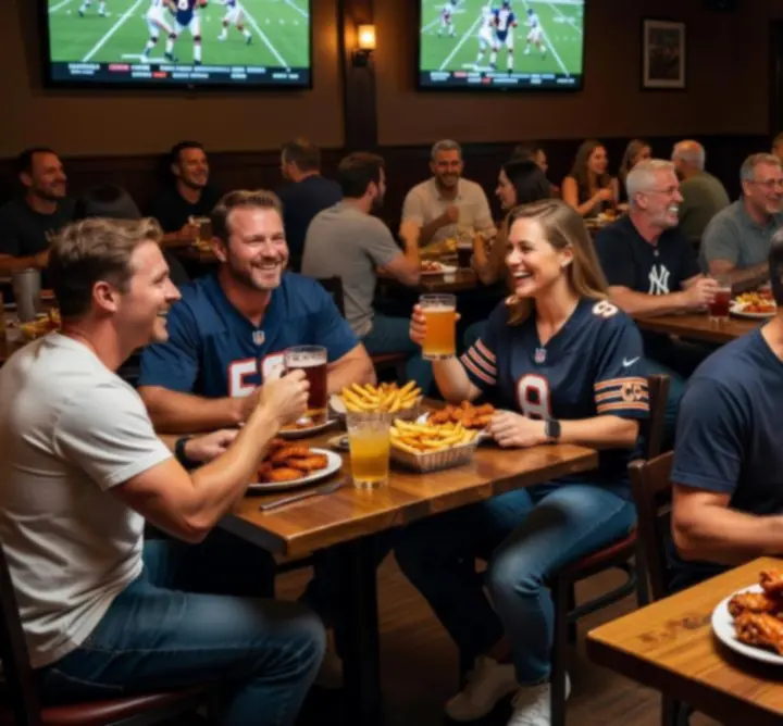 Guests enjoying sports night food and drinks while watching live games at Red B.V.